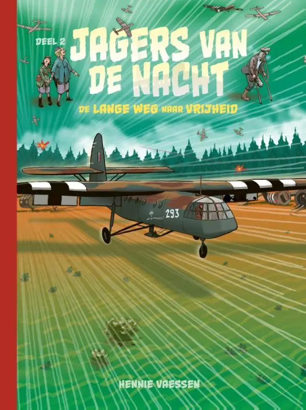 De lange weg naar vrijheid met een grijs militair vliegtuig met zwart-witte gestreepte vleugeltippen en nummer 293