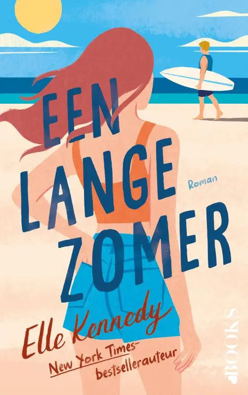 Een lange zomer boekcover met een vrouw met rood haar op een zonnig strand in avalon bay door elle kennedy