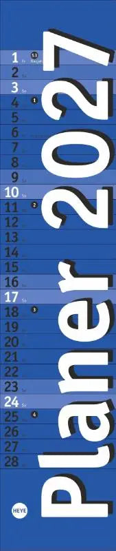 Blauwe langplaner mini 2027 met minimalistisch ontwerp en bold witte tekst als praktischer streifenkalender fürs büro