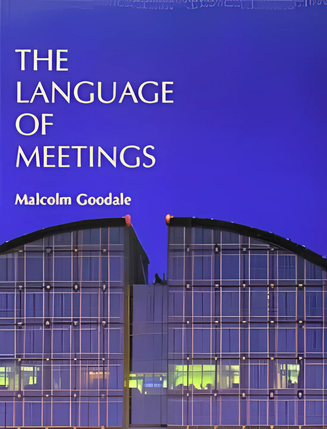 De meetings students book van malcolm goodale toont witte tekst op diepblauwe achtergrond met moderne glazen gebouwen
