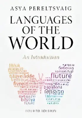 De hardcover editie van het boek languages of the world heeft een zwart omslag met witte serif lettertype en een kleurrijk vlinderontwerp van woorden