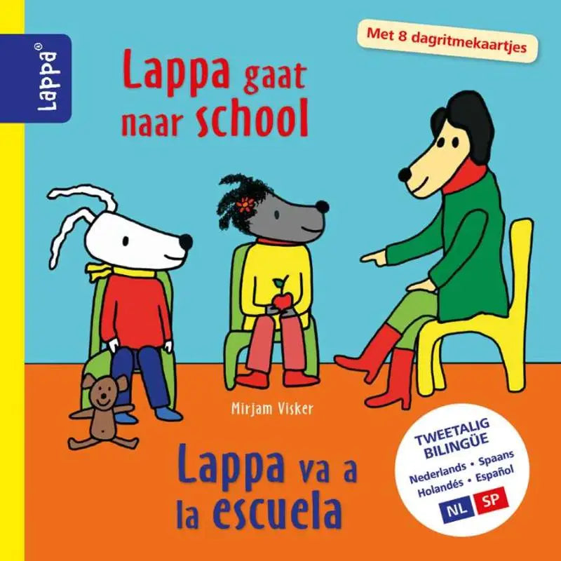 Bilingual children’s book cover with cartoon dogs in colorful clothing titled lappa gaat naar school and its spanish translation