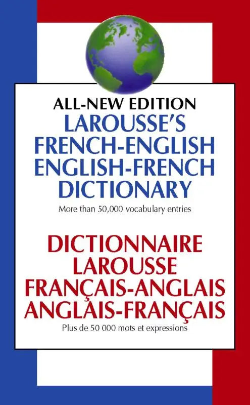 Larousse french english dictionary with globe emblem and red white and blue cover for bilingual language reference