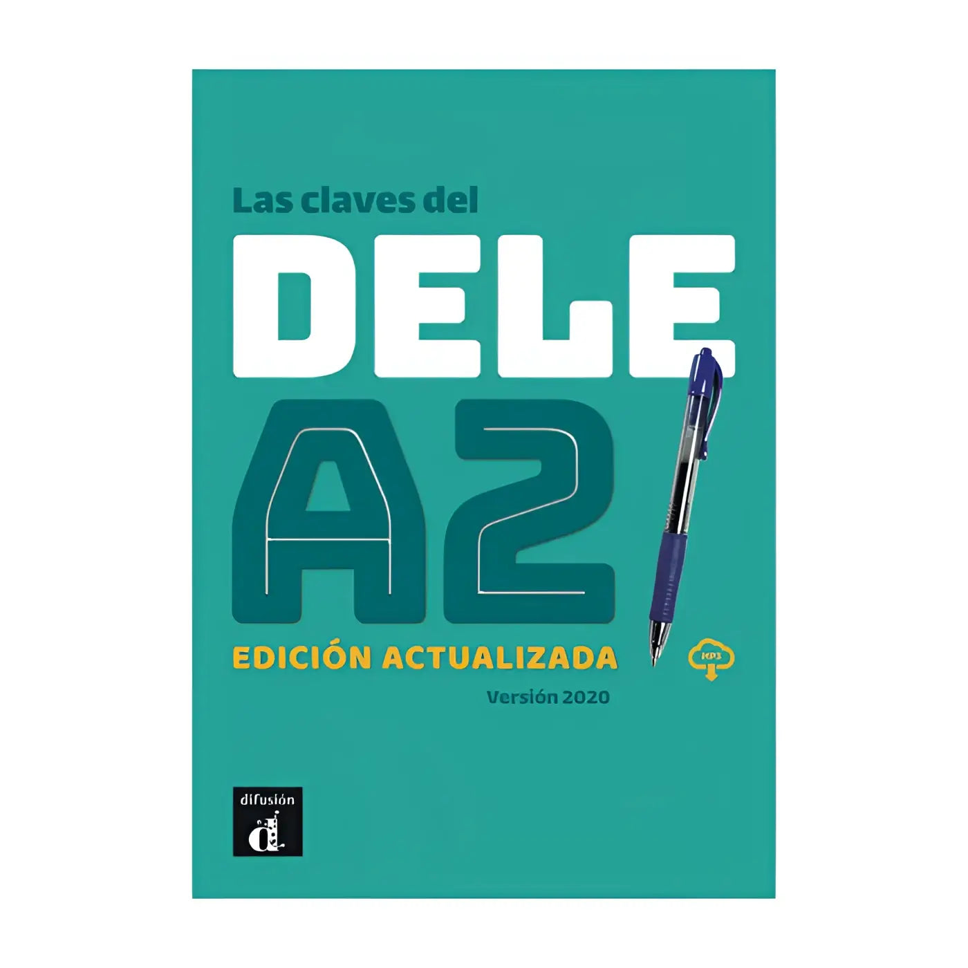 Teal gekleurde boekcover van las claves del nuevo dele a2 met de titel in witte en donkere teal letters en een paarse pen