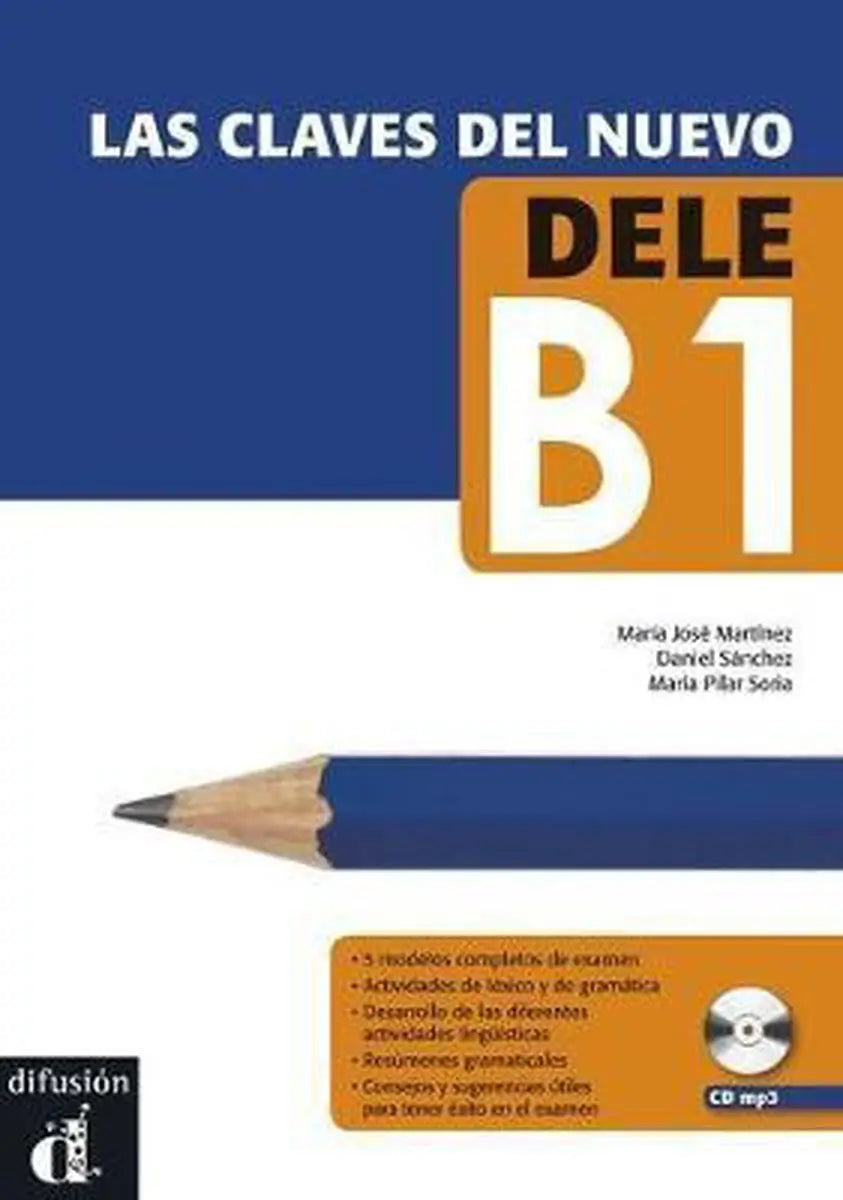 Blauw houten potlood met zwarte grafietpunt op de omslag van las claves del nuevo dele b1 leerboek met online audio