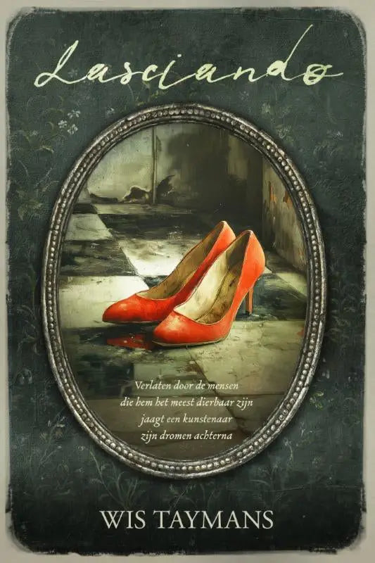 A pair of vibrant red high-heeled shoes displayed in an ornate silver oval frame from Lasciando