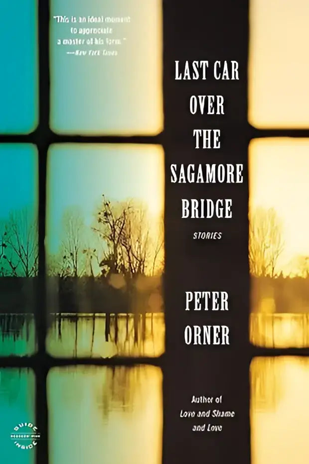 The book cover of last car over the sagamore bridge by peter orner features teal and golden-yellow hues with tree silhouettes
