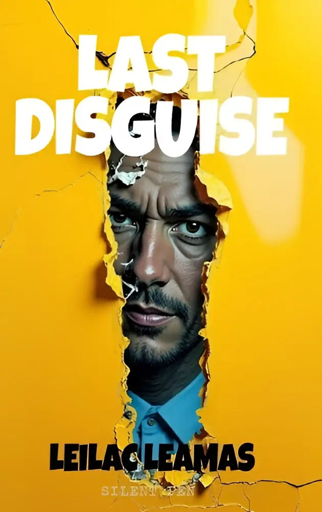 Een gele gescheurde poster van last disguise met het gezicht van acteur leila cleamans dat uit de scheur verschijnt