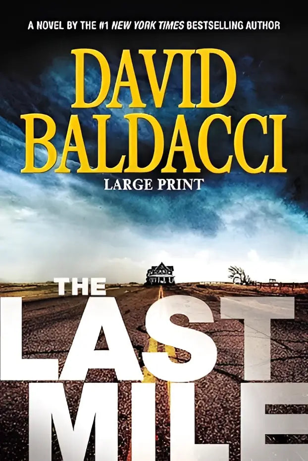 De last mile large print paperback uit de amos decker series heeft een dramatische lucht en weg op de omslag