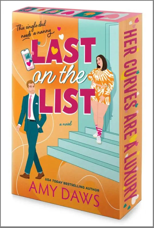 Oranje hardcoverboek last on the list van amy daws met illustraties van man in pak en vrouw in oranje jurk