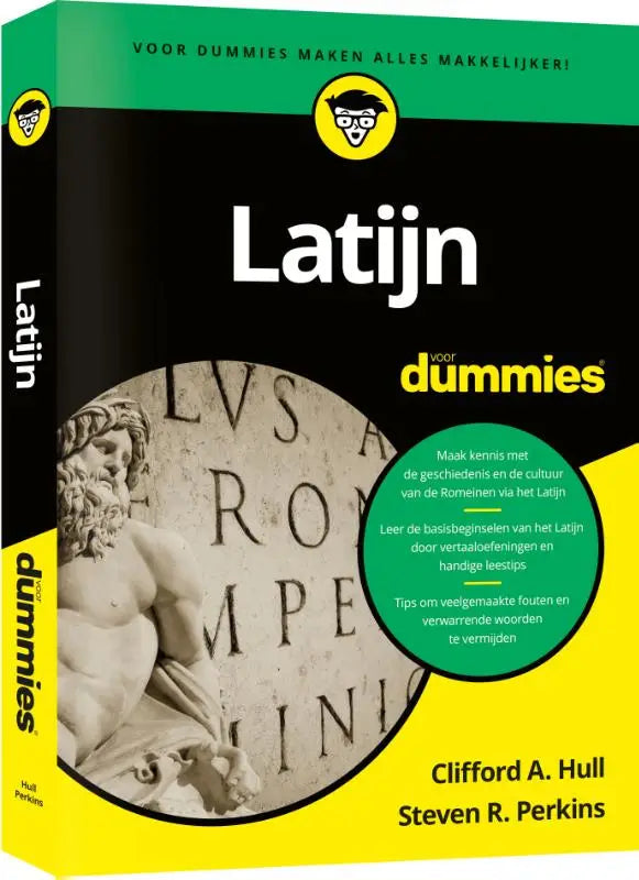 Zwart en geel latent voor dummies boek met ronde afbeelding van een Romeins standbeeld op de voorkant