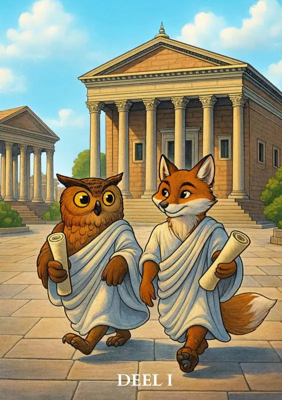 Illustratie van een cartoon uil en vos in witte toga met bruine en oranjebruine vacht, elk met een opgerolde rol in latijn goed voor je brein