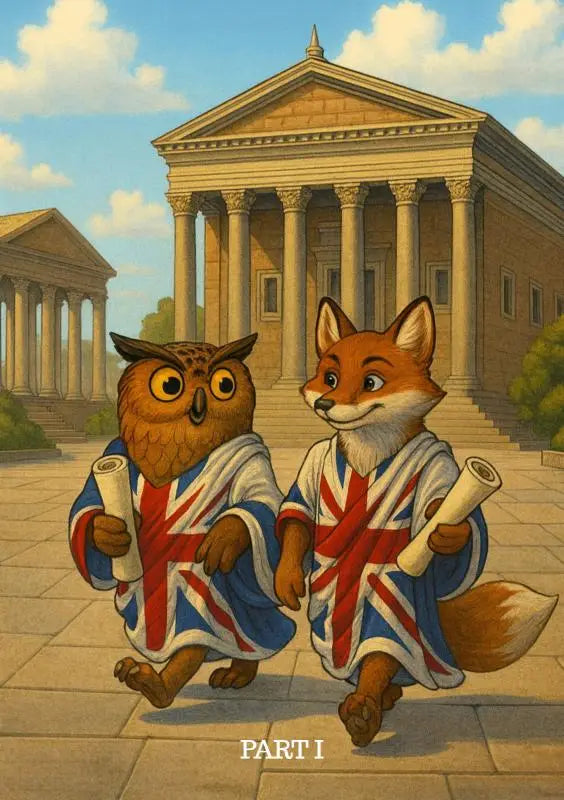 A cartoon owl en vos in union jack robes lopen voor een klassiek gebouw voor latin brain gains product i