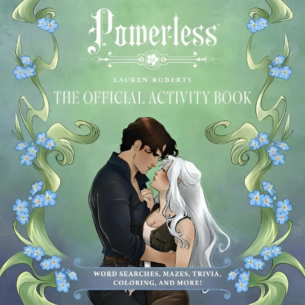 De officiële activity book van lauren roberts toont een romantische illustratie met blauwe bloemen op mintgroene achtergrond