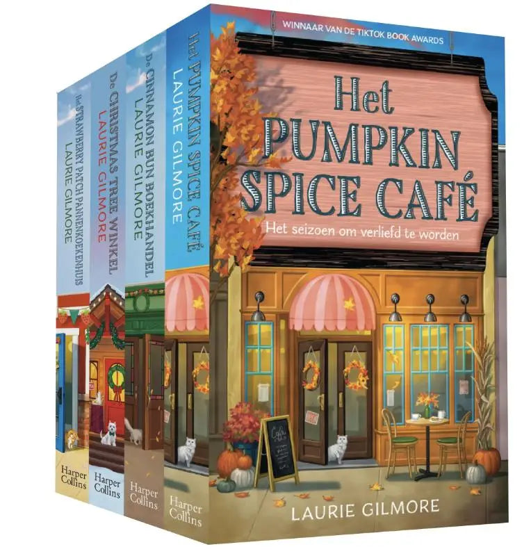 De pumpkin spice café van laurie gilmore met een warme herfstcover in oranje en bruin uit de dream harbor complete set bij cinnamon bun boekhandel en daisy chain bloemenwinkel