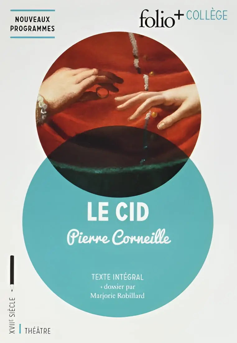 Teal rond boekomslag met witte tekst en rood getinte illustratie van handen bij klassiek frans drama le cid tragi-comédie 1637