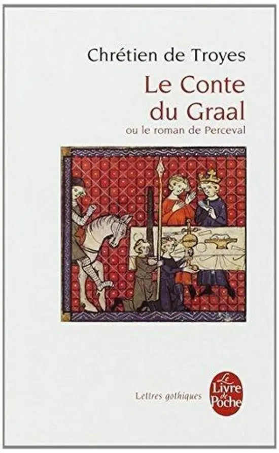 Witte paperback boek d’une le conte du graal met middeleeuwse illustratie op de cover door chrétien de troyes