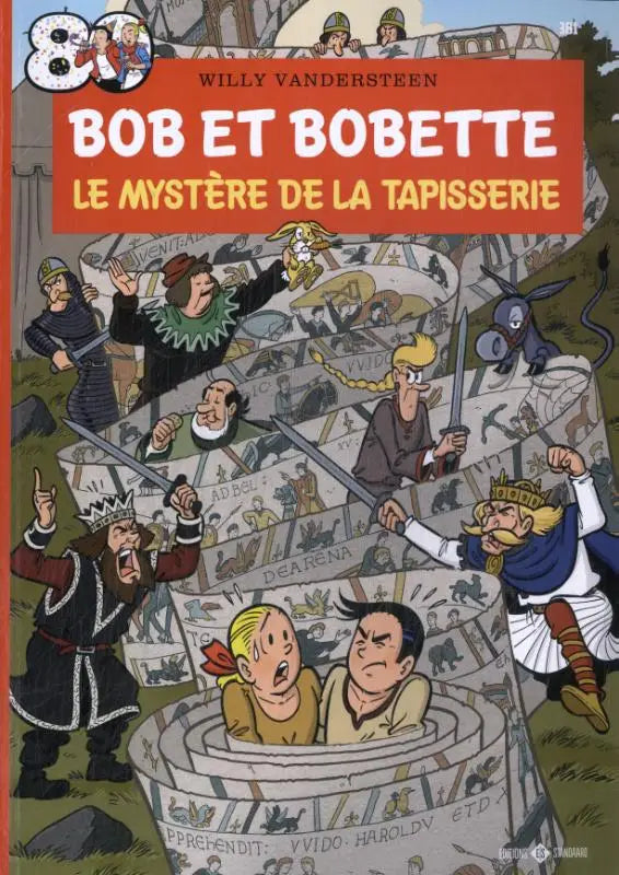 Cover van de bob et bobette comic strip le mystère de la tapisserie van willy vandersteen met levendige illustraties en rode letters