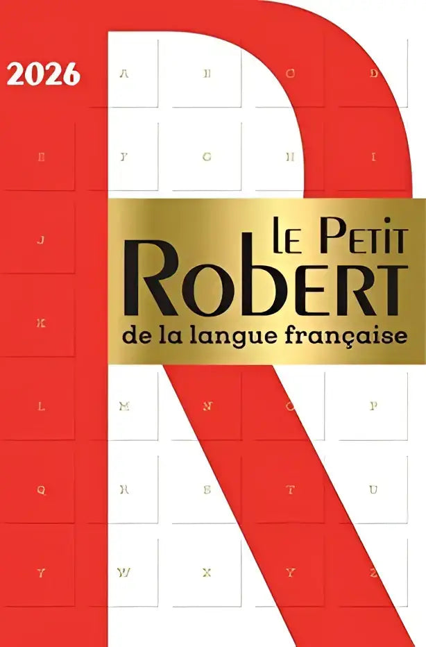 De 2026 editie van petit robert eendelige woordenboek met rood-witte kaft en gouden folie etymologische verklaringen