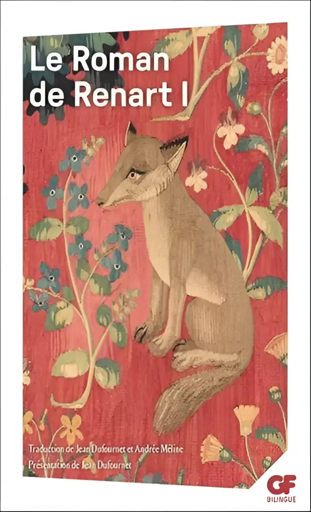 De cover van Le roman de renart 1 toont een gedetailleerde vos in een tan textuur op een rood met bloemmotief achtergrond