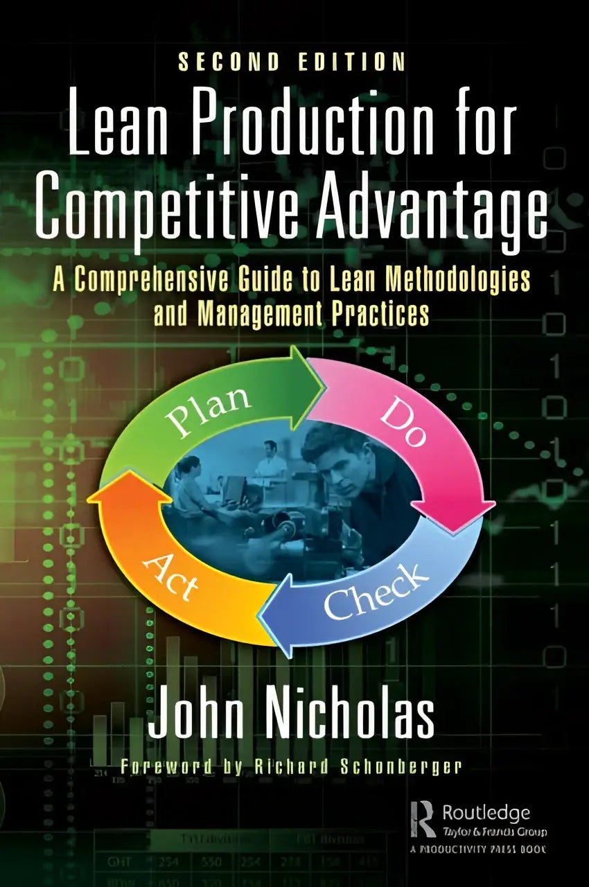 The book cover for lean production for competitive advantage second edition by john nicholas features a circular plan do check act diagram