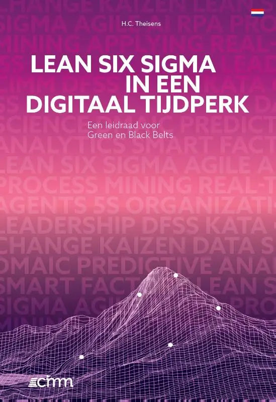 Purple en roze gradient boekomslag met wireframe bergontwerp en de titel lean six sigma in een digitaal tijdperk door h.c