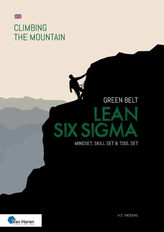 Lean six sigma green belt trainingsboek met minimalistische bergbeklimillustratie en groene tekst op beige achtergrond