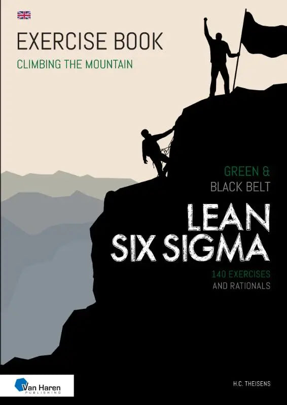 Illustratie van lean six sigma oefenboek met zwart wit kaft en silhouetten van klimmers voor six sigma green belt training