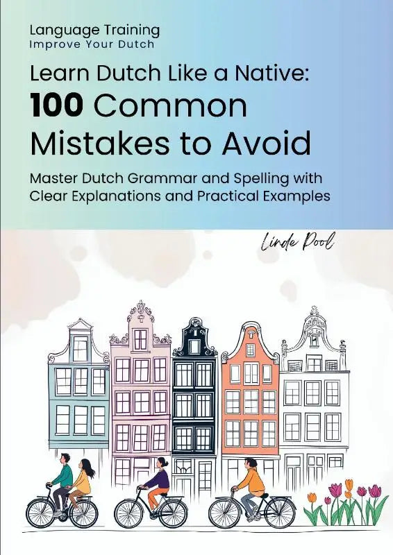 The book cover displays colorful dutch canal houses and cyclists for learn dutch like a native mistakes to avoid