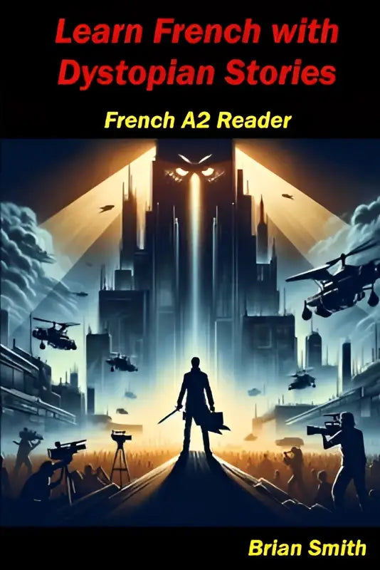 De cover van learn french with dystopian stories french a2 reader toont een donkere dystopische stadsgezichten met vliegende voertuigen
