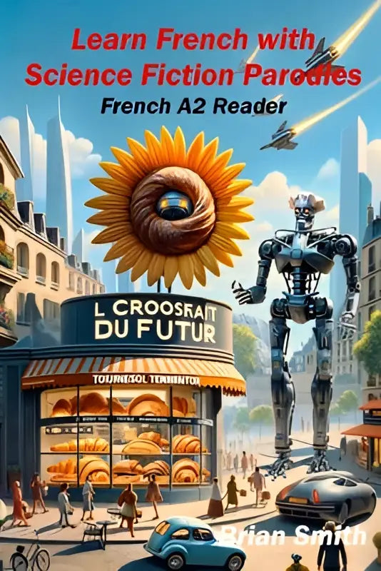 Levendige zonnebloemthema cover voor learn french with science fiction parodies french a2 reader met futuristische etalage en robots
