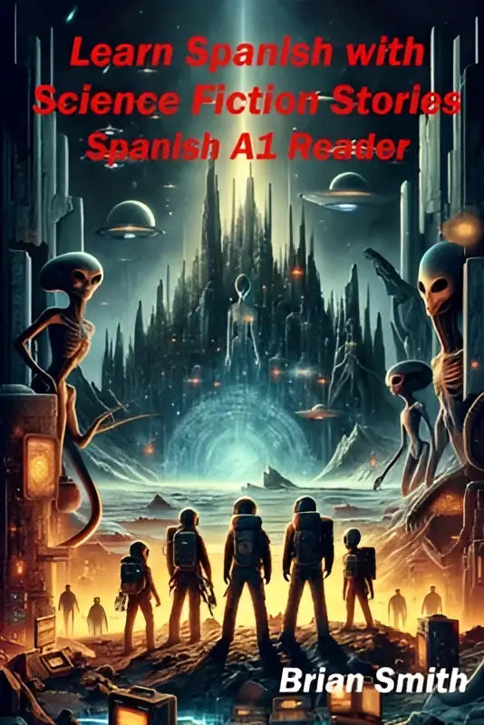 De cover van learn spanish with science fiction stories spanish a1 reader toont een futuristische stad met aliens en ruimteschepen