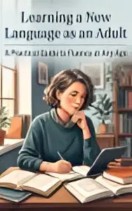 Vrouw in groene trui leest praktische guide voor learning a new language als volwassene voor guide to fluency