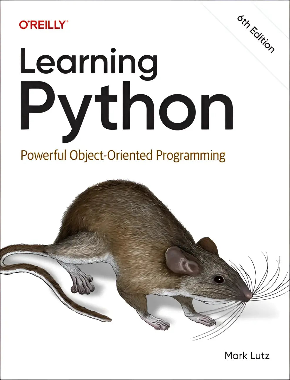 Learning python 6th edition boek met gedetailleerde illustratie van een bruine muis voor object-oriented programming met python