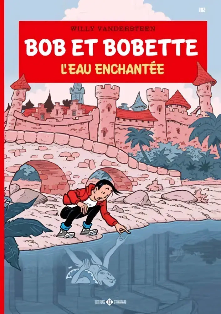 De cover van de strip bob et bobette l’eau enchantée door willy vandersteen toont roze stenen kastelen en palmbomen