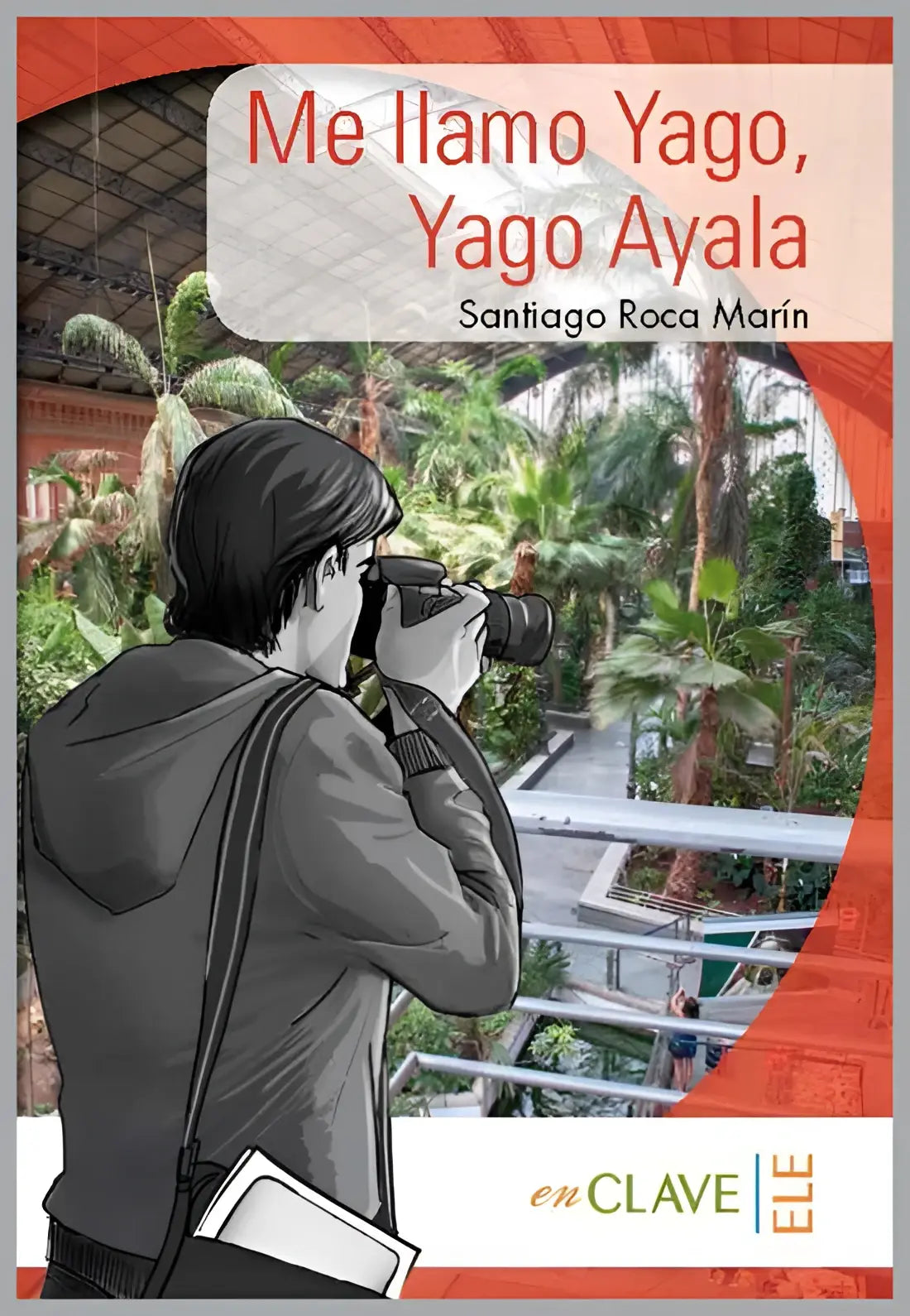 Boekcover van lecturas yago met zwart-wit illustratie van yago ayala die een camera vasthoudt op oranje en grijze achtergrond