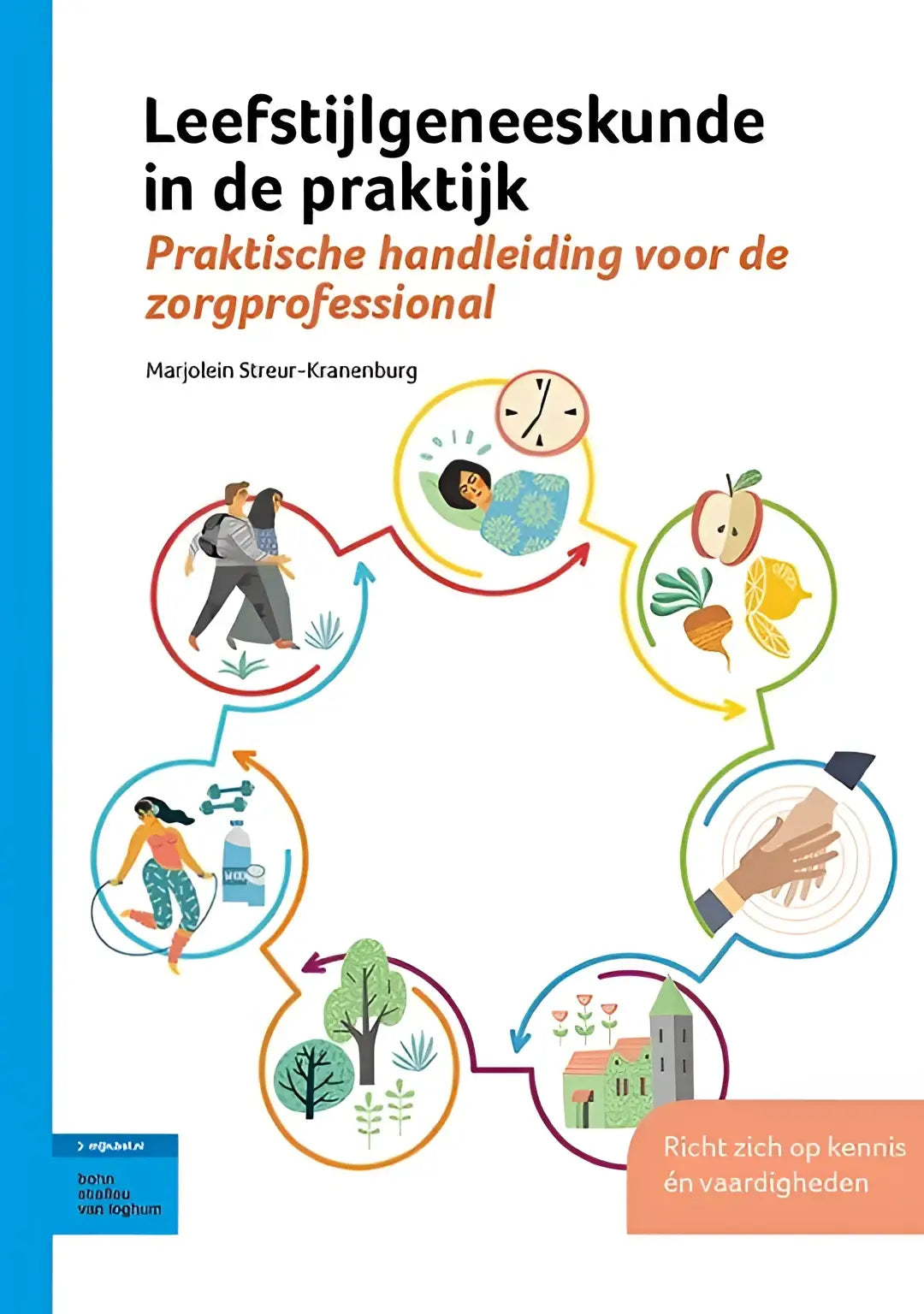 De boekcover van leefstijlgeneeskunde in de praktijk toont een kleurrijk cirkeldiagram met gezondheidsiconen door marjolein streur-kranenburg uitgegeven door bsl media medische handboeken