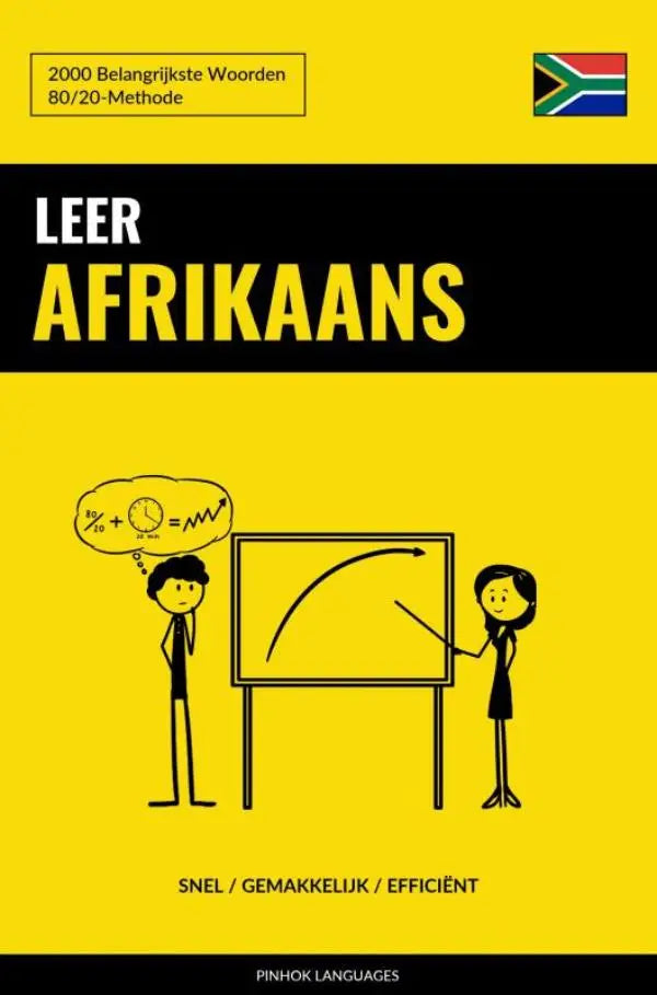 Gele en zwarte cover van leer afrikaans boek door pinhok languages met 2000 belangrijkste woorden voor taalstudie