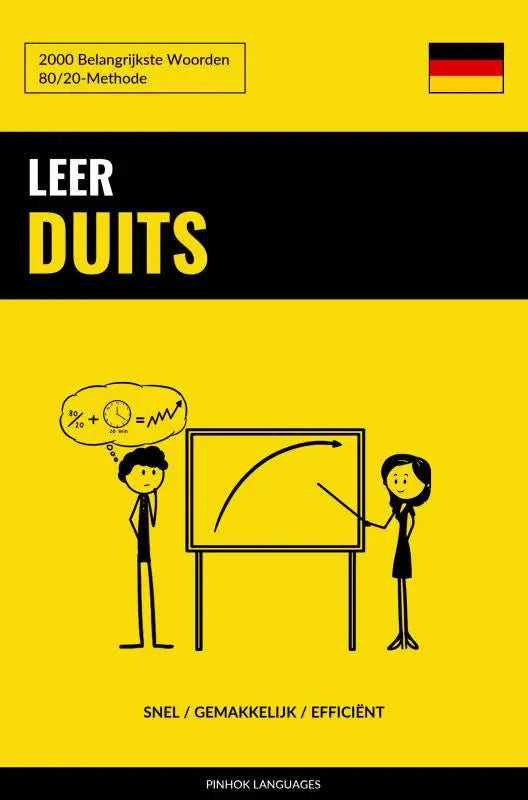 Gele boekcover van leer duits met belangrijkste woorden en illustratie van twee stokfiguren die duits leren
