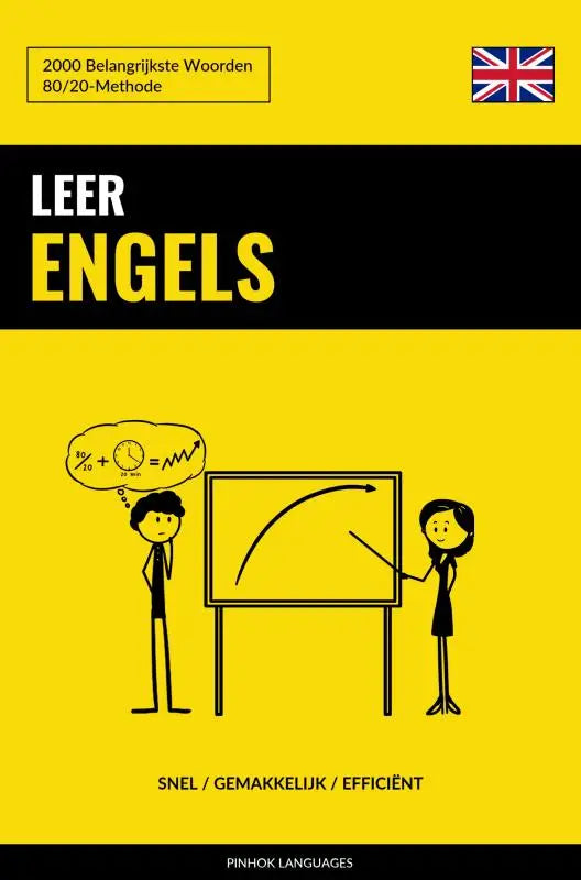Bright yellow leer engels book cover with belangrijkste woorden and cartoon stick figures near whiteboard illustration