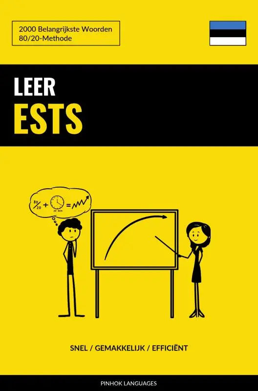 Gele en zwarte boekcover van leer ests met cartoon van twee stickfiguren en belangrijkste woorden voor studie