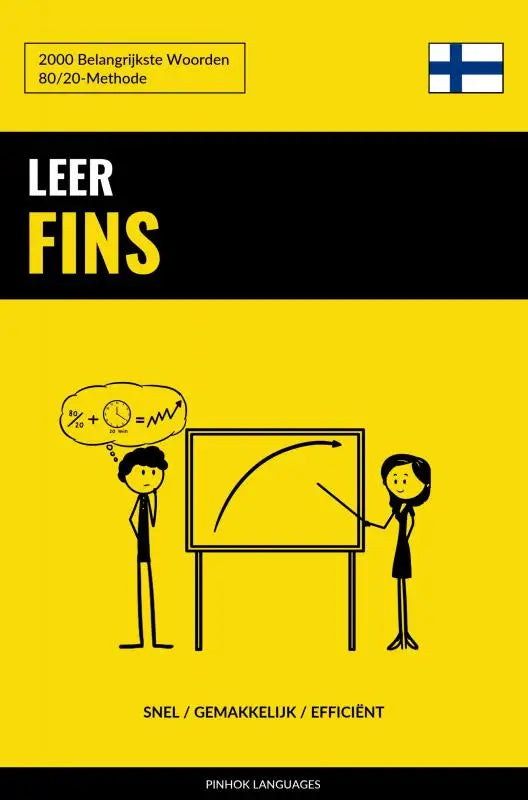 Gele en zwarte boekcover van leer fins met cartoon van twee stickfiguren bij whiteboard voor belangrijkste woorden