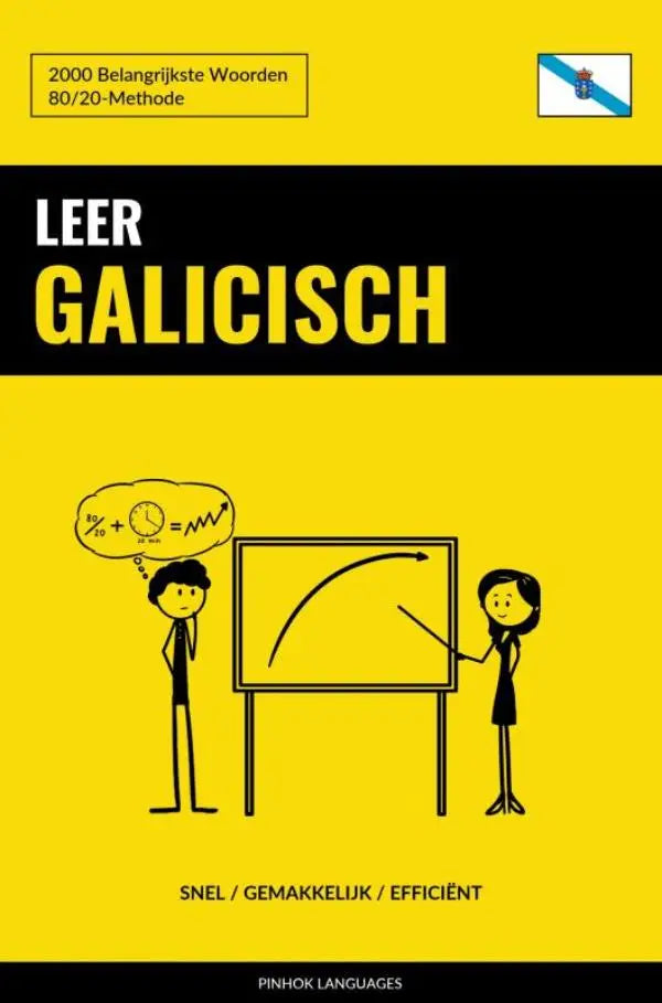 Helder geel boek met leer galicisch en belangrijkste woorden en een eenvoudige tekening van twee figuren bij een whiteboard