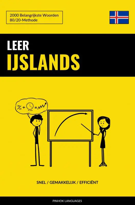 Gele boekomslag leer ijslands met zwarte tekst en cartoon van twee mensen met belangrijkste woorden