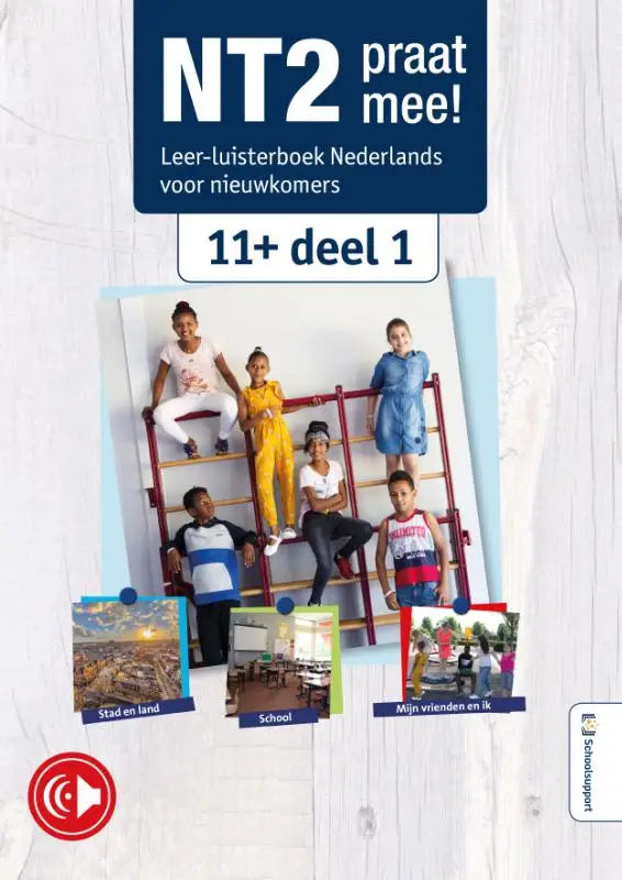 Nt2 praat mee leer-luisterboek voor nieuwkomers met kleurrijke afbeeldingen over stad, platteland, school en vrienden