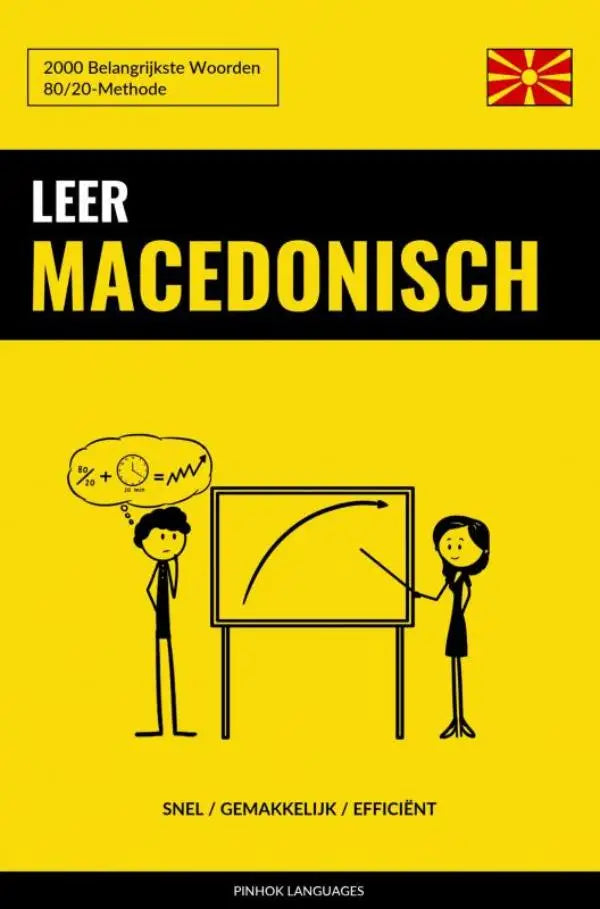 Helder geel boek leer macedonisch met belangrijkste woorden en cartoonillustratie van lesgeven naast bord