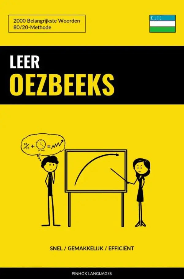 Gele leer oezbeeks taalboek met belangrijkste woorden en illustraties van twee mensen bij een whiteboard