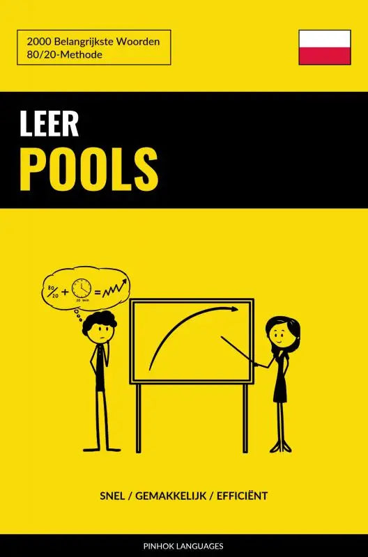 Gele en zwarte leer pools taalleerboek van pinhok languages met cartoonillustraties en belangrijkste woorden