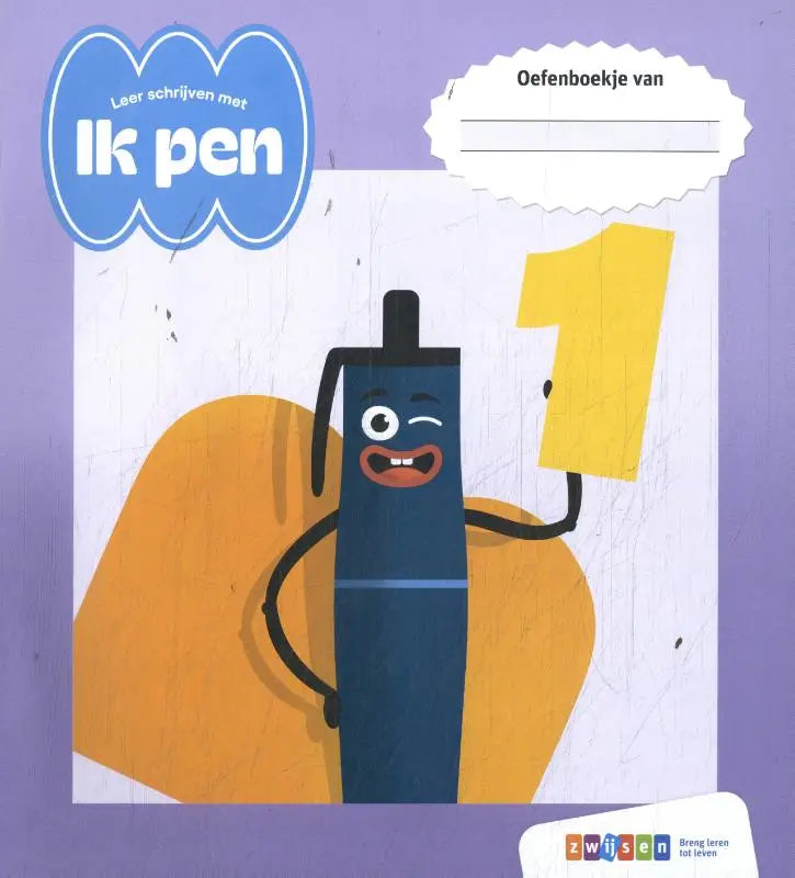 Blauwe cartoon pen met glimlachend gezicht en knipogend oog die geel nummer een vasthoudt in leer schrijven met ik pen