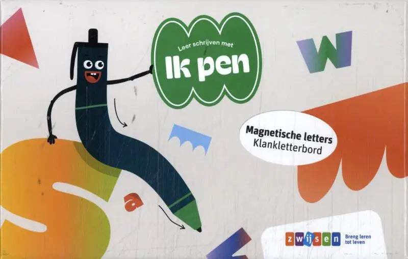 Een speelse cartoon potlood met glimlachende gezicht en zwarte armen op de cover van educatieve uitgaven leer schrijven met ik pen